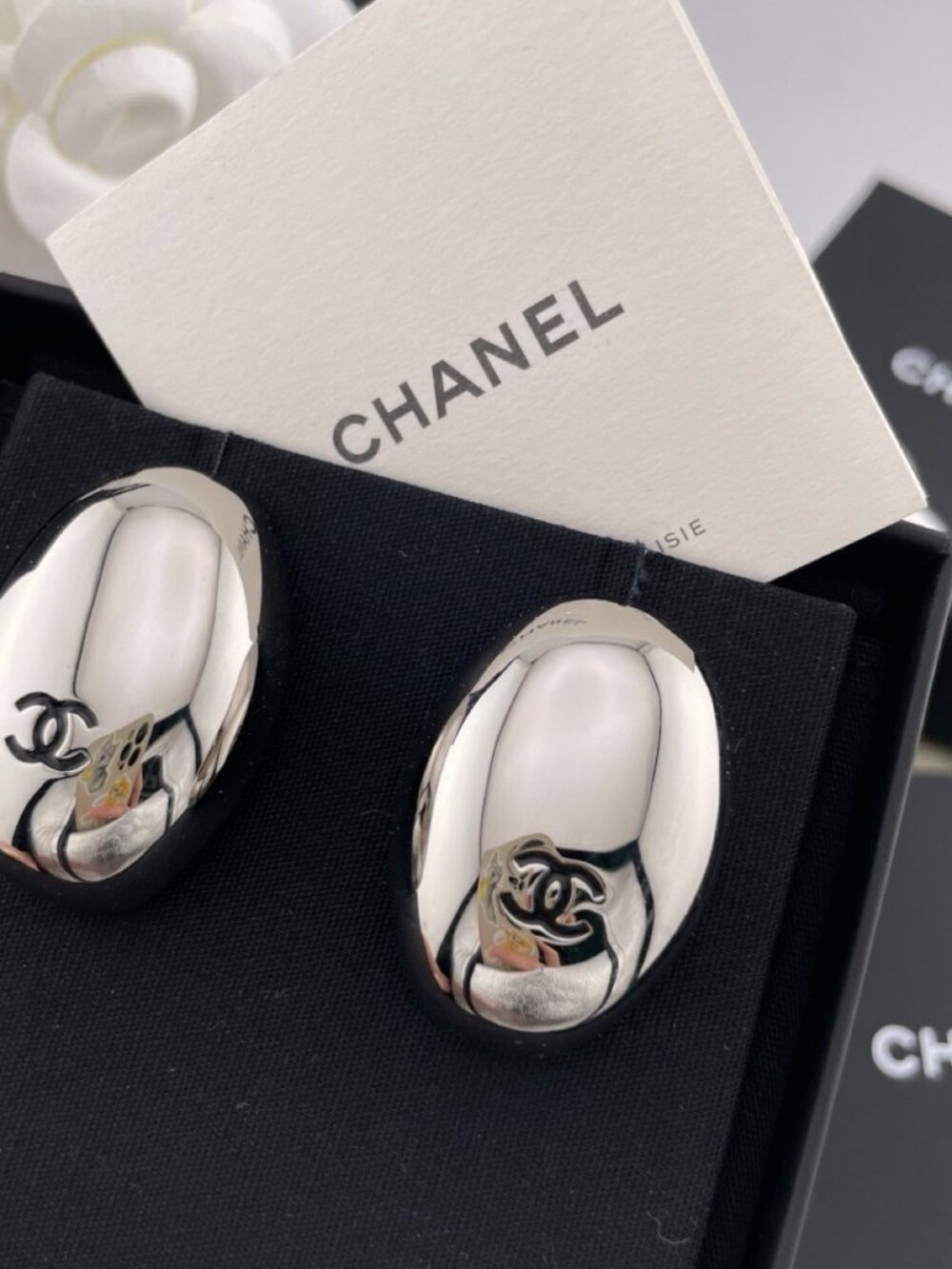 Chanel Silver-Tone Oval Mirror CC Stud Earrings